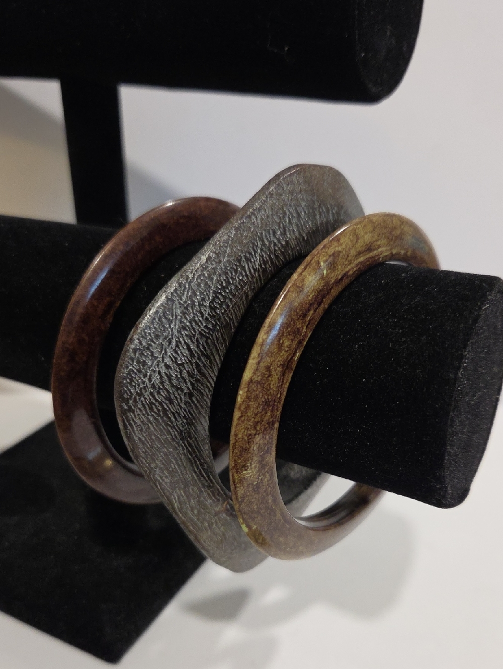 3 Wooden Stylish Earthtone Bangle Bracelets (2round And 1 Square)